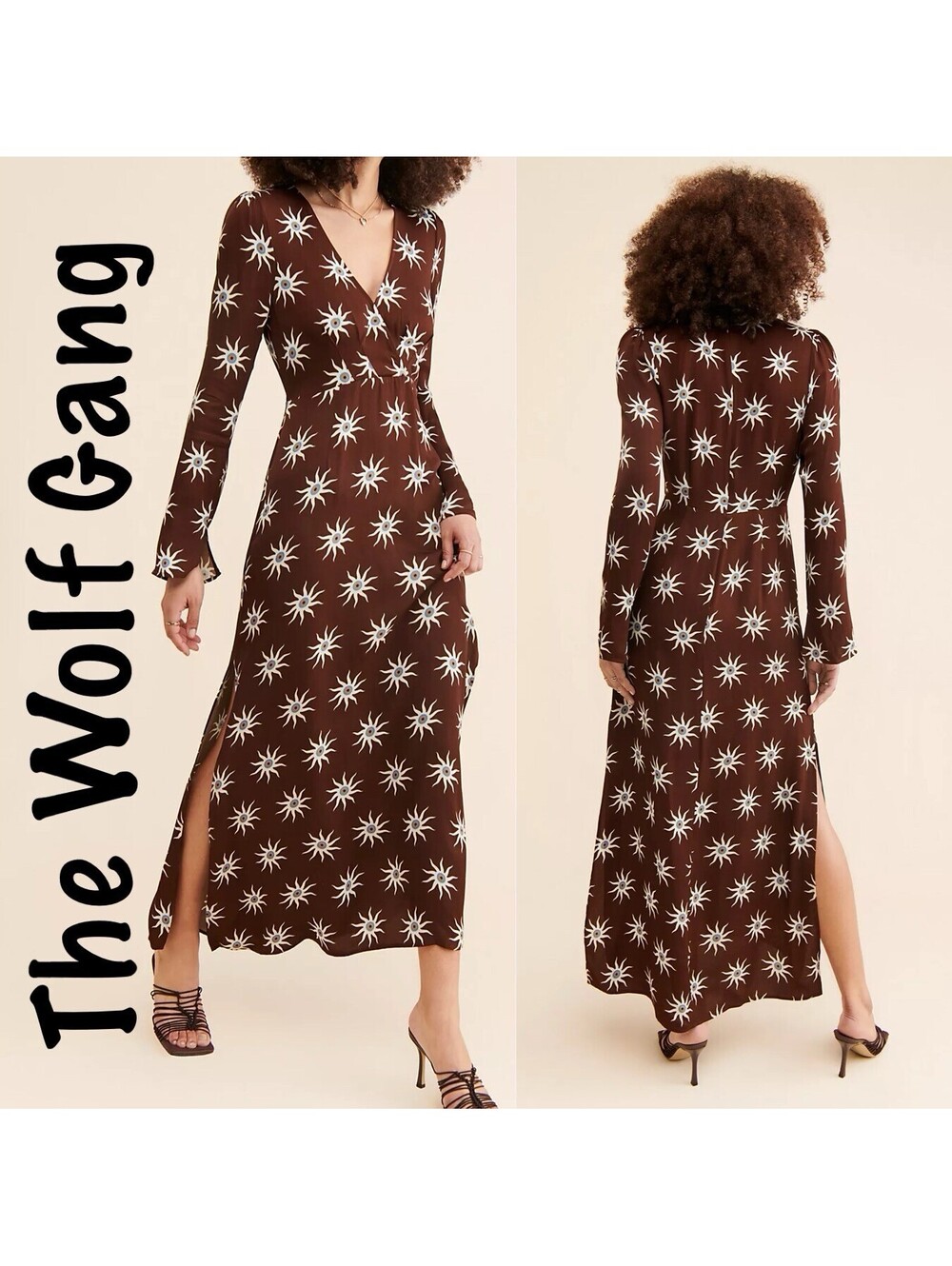 The Wolf Gang Brown Gaia Maxi Dress w/ Side Slits & Star Eye Geometric Print SM